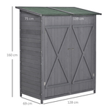 Outsunny Garden Wood Storage Shed w/ Flexible Table, Hooks and Ground Nails, Multifunction Lockable Sheds & Outdoor Asphalt Roof Tool Organizer, 139 x 75 x 160cm, Grey