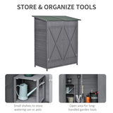 Outsunny Garden Wood Storage Shed w/ Flexible Table, Hooks and Ground Nails, Multifunction Lockable Sheds & Outdoor Asphalt Roof Tool Organizer, 139 x 75 x 160cm, Grey