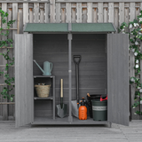 Outsunny Garden Wood Storage Shed w/ Flexible Table, Hooks and Ground Nails, Multifunction Lockable Sheds & Outdoor Asphalt Roof Tool Organizer, 139 x 75 x 160cm, Grey