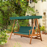 Outsunny 3 Seater 2-in-1 Wooden Garden Swing Seat Swing Chair Outdoor Convertible Hammock Bench Furniture Lounger Bed Wood, Dark Green