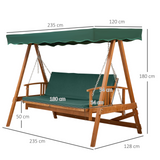 Outsunny 3 Seater 2-in-1 Wooden Garden Swing Seat Swing Chair Outdoor Convertible Hammock Bench Furniture Lounger Bed Wood, Dark Green