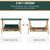 Outsunny 3 Seater 2-in-1 Wooden Garden Swing Seat Swing Chair Outdoor Convertible Hammock Bench Furniture Lounger Bed Wood, Dark Green