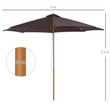 Outsunny 3(m) Fir Wooden Parasol Garden Umbrellas 8 Ribs Bamboo Sun Shade Patio Outdoor Umbrella Canopy, Coffee