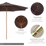 Outsunny 3(m) Fir Wooden Parasol Garden Umbrellas 8 Ribs Bamboo Sun Shade Patio Outdoor Umbrella Canopy, Coffee