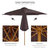 Outsunny 3(m) Fir Wooden Parasol Garden Umbrellas 8 Ribs Bamboo Sun Shade Patio Outdoor Umbrella Canopy, Coffee