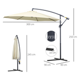 Outsunny 3(m) Garden Cantilever Parasol Patio Banana Hanging Umbrella Sun Shade with Crank & Tilt, 8 Ribs and Cross Base, Beige