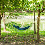 Outsunny Double Cotton Hammock Camping Swing Outdoor Garden Beach Stripe Hanging Bed with Pillow 188L x 140W (cm), Green