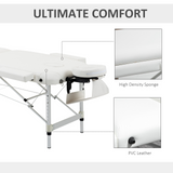 HOMCOM Folding PVC Leather Massage Table Aluminium Frame w/ Headrest Armrests Padding Handle Carry Bag Adjustable Height 3-Way Tri-Fold Salon Professional Bed Beauty White