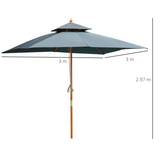 Outsunny 3 x 3 meter Patio Parasol Garden Umbrellas Sunshade Outdoor Wooden Parasol Canopy Double Tier, Grey, BASE NOT INCLUDED