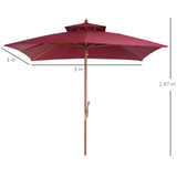 Outsunny 3 x 3 meter Patio Parasol Garden Umbrellas Sunshade Outdoor Wood Wooden Parasol Canopy Double Tier Wine Red