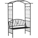 Outsunny Garden Metal Arch Arbour with Bench Love Seat Chair Outdoor Patio Rose Trellis Pergola Climbing Plant Archway Tubular - 154L x 60W x 205Hcm