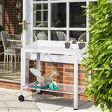 Outsunny Garden Outdoor Metal Potting Table Bench Planting Workstation Push Cart with Wheels Side Hanger - White