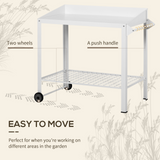 Outsunny Garden Outdoor Metal Potting Table Bench Planting Workstation Push Cart with Wheels Side Hanger - White