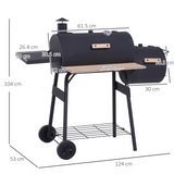 Outsunny Trolley Charcoal BBQ Barrel Barbecue Grill Patio Outdoor Garden Heating Heat Smoker - Black