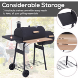 Outsunny Trolley Charcoal BBQ Barrel Barbecue Grill Patio Outdoor Garden Heating Heat Smoker - Black