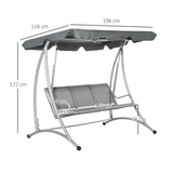 Outsunny 3 Seater Garden Swing Seat Bench Steel Swing Chair with Adjustable Canopy for Outdoor Patio Porch - Grey