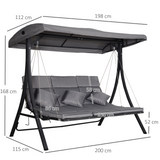 Outsunny 3 Seater Garden Swing Seat Outdoor Swing Chairs Chaise Lounge Padded Seat Hammock Canopy Porch Patio Bench Bed Recliner Sun Lounger - Grey