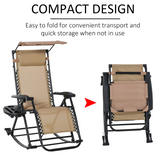 Outsunny Garden Rocking Chair Folding Recliner Outdoor Adjustable Sun Lounger Rocker Zero-Gravity Seat with Headrest Side Holder Patio Deck - Beige