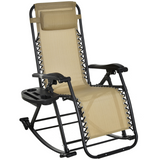 Outsunny Garden Rocking Chair Folding Recliner Outdoor Adjustable Sun Lounger Rocker Zero-Gravity Seat with Headrest Side Holder Patio Deck - Beige