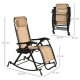 Outsunny Garden Rocking Chair Folding Recliner Outdoor Adjustable Sun Lounger Rocker Zero-Gravity Seat with Headrest Side Holder Patio Deck - Beige