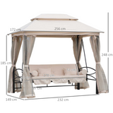 Outsunny 3 Seater Swing Chair 3-in-1 Convertible Garden Swing Seat Bed Gazebo Swing Patio Bench Outdoor with Double Tier Canopy, Cushioned Seat, Mesh Sidewalls, Beige