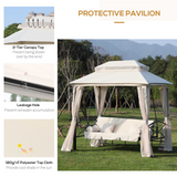 Outsunny 3 Seater Swing Chair 3-in-1 Convertible Garden Swing Seat Bed Gazebo Swing Patio Bench Outdoor with Double Tier Canopy, Cushioned Seat, Mesh Sidewalls, Beige