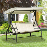 Outsunny 3 Seater Canopy Swing Chair Garden Swing Seat Bed Porch Hammock Heavy Duty 2 in 1 Garden Bench Lounger Bed with Metal Frame - Cream White