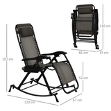 Outsunny Garden Rocking Chair Folding Recliner Outdoor Adjustable Sun Lounger Rocker Zero-Gravity Seat with Headrest Side Holder Patio Deck - Grey