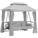 Outsunny 3 Seater Swing Chair 3-in-1 Convertible Garden Swing Seat Bed Gazebo Swing Patio Bench Outdoor with Double Tier Canopy, Cushioned Seat, Mesh Sidewalls, Light Grey