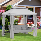 Outsunny 3 Seater Swing Chair 3-in-1 Convertible Garden Swing Seat Bed Gazebo Swing Patio Bench Outdoor with Double Tier Canopy, Cushioned Seat, Mesh Sidewalls, Light Grey