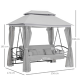 Outsunny 3 Seater Swing Chair 3-in-1 Convertible Garden Swing Seat Bed Gazebo Swing Patio Bench Outdoor with Double Tier Canopy, Cushioned Seat, Mesh Sidewalls, Light Grey