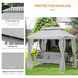 Outsunny 3 Seater Swing Chair 3-in-1 Convertible Garden Swing Seat Bed Gazebo Swing Patio Bench Outdoor with Double Tier Canopy, Cushioned Seat, Mesh Sidewalls, Light Grey