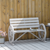 Outsunny 2 Seater Garden Bench Outdoor Garden Armrest Chair with Wooden Cart Wagon Wheel Rustic High Back Grey