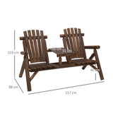 Outsunny Wood Patio Chair Bench 2 Seats with Center Coffee Table, Garden Loveseat Bench Backyard Benches, Perfect for Lounging and Relaxing Outdoors, Carbonized