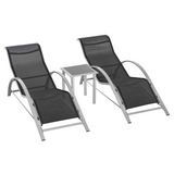 Outsunny 3 Pieces Lounge Chair Set Metal Frame Garden Outdoor Recliner Sunbathing Chair with Table, Black