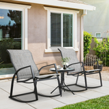 Outsunny 3 Pieces Outdoor Patio Bistro Set w/ 2 Rocking Chairs and Tempered Glass Table for Garden, Porch, Poolside, Grey