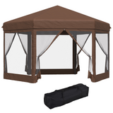 Outsunny 3m x 3.5m Hexagonal Garden Gazebo Patio Party Outdoor Pop Up Canopy Tent Sun Shelter Adjustable with Mosquito Netting Zipped Door - Brown