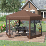 Outsunny 3m x 3.5m Hexagonal Garden Gazebo Patio Party Outdoor Pop Up Canopy Tent Sun Shelter Adjustable with Mosquito Netting Zipped Door - Brown