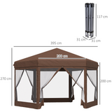 Outsunny 3m x 3.5m Hexagonal Garden Gazebo Patio Party Outdoor Pop Up Canopy Tent Sun Shelter Adjustable with Mosquito Netting Zipped Door - Brown