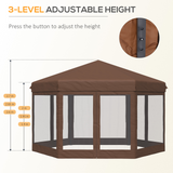 Outsunny 3m x 3.5m Hexagonal Garden Gazebo Patio Party Outdoor Pop Up Canopy Tent Sun Shelter Adjustable with Mosquito Netting Zipped Door - Brown