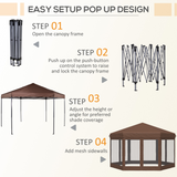 Outsunny 3m x 3.5m Hexagonal Garden Gazebo Patio Party Outdoor Pop Up Canopy Tent Sun Shelter Adjustable with Mosquito Netting Zipped Door - Brown