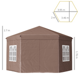 Outsunny 4x4m Hexagonal Garden Pop up Gazebo Marquee Party Tent Wedding Canopy Height Adjustable with Storage Bag - Brown