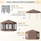 Outsunny 4x4m Hexagonal Garden Pop up Gazebo Marquee Party Tent Wedding Canopy Height Adjustable with Storage Bag - Brown