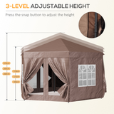 Outsunny 4x4m Hexagonal Garden Pop up Gazebo Marquee Party Tent Wedding Canopy Height Adjustable with Storage Bag - Brown