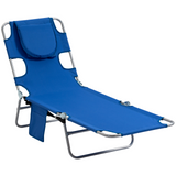 Outsunny Beach Chaise Lounge with Face Cavity & Arm Slots, Portable Sun Lounger, Reclining Lounge Chair 5-position Adjustable Backrest with Side Pocket, Pillow for Patio Garden Beach Pool, Blue