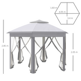 Outsunny Hexagon Patio Gazebo Pop Up Gazebo Outdoor Double Roof Instant Shelter with Netting, 4m x 4m, Grey