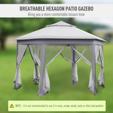 Outsunny Hexagon Patio Gazebo Pop Up Gazebo Outdoor Double Roof Instant Shelter with Netting, 4m x 4m, Grey