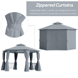 Outsunny 3 x 3(m) Hexagon Gazebo Patio Canopy Party Tent Outdoor Garden Shelter w/ 2 Tier Roof & Side Panel - Grey