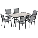 Outsunny 7 Piece Garden Dining Set, Armchairs and Table with Parasol Hole, 6 Seater Outdoor Patio Furniture with Texteline Seat for Backyard, Deck and Balcony, Grey