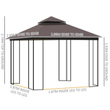 Outsunny 3 x 3 Meter Metal Gazebo Garden Outdoor 2-tier Roof Marquee Party Tent Canopy Pavillion Patio Shelter with Netting and Shelf Coffee